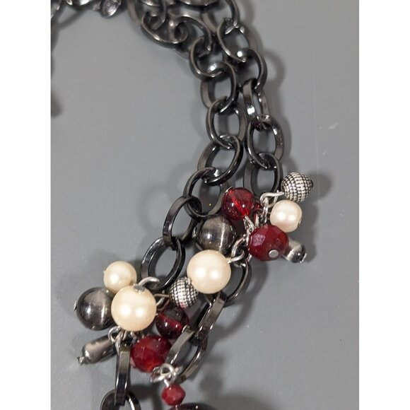 Premier Designs Gunmetal Red Bead Faux Pearl Double Layer Necklace Goth 20" - Picture 5 of 8
